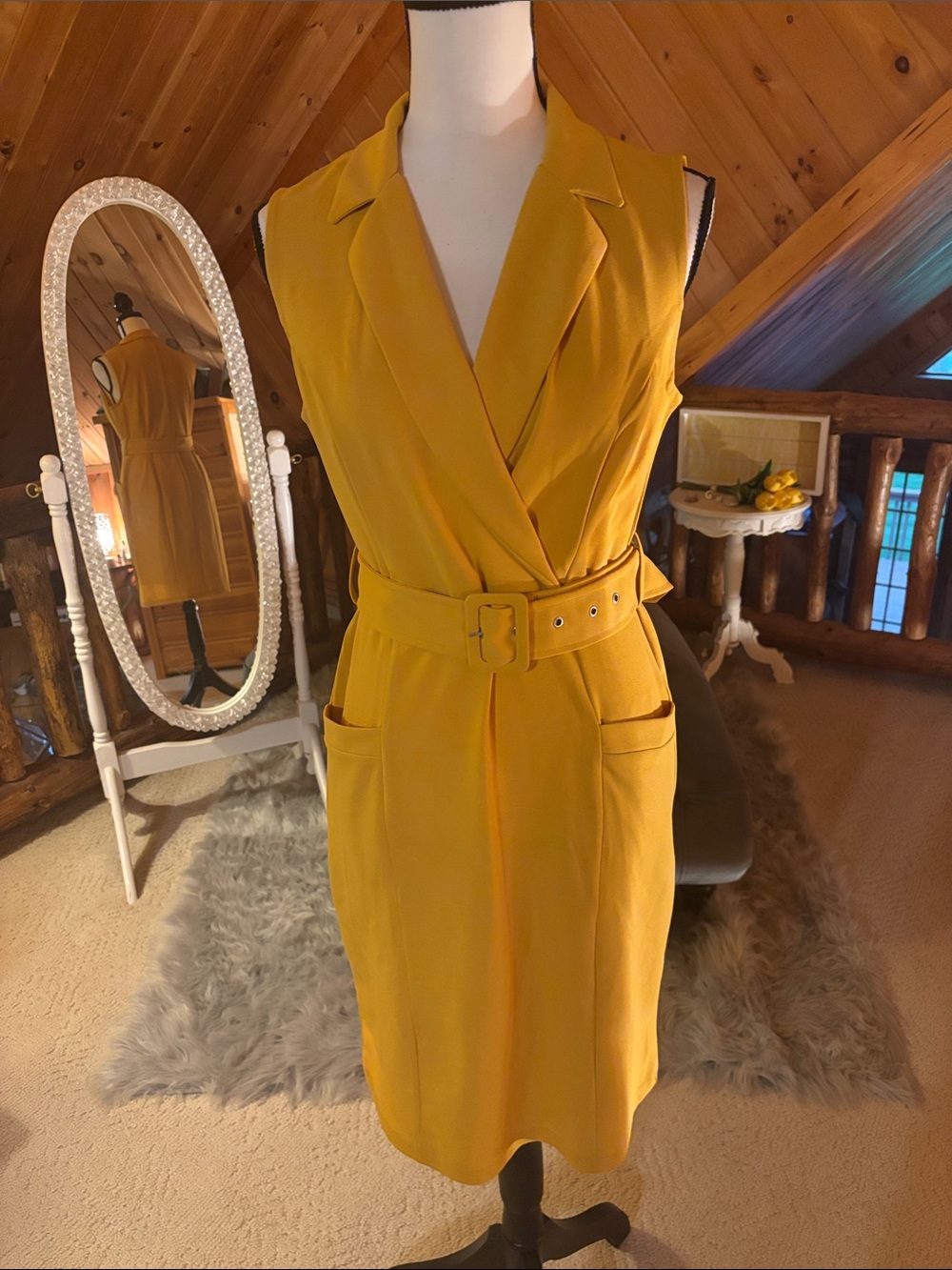Nina Leonard Sleeveless Mustard Wrap Belted Midi Dress